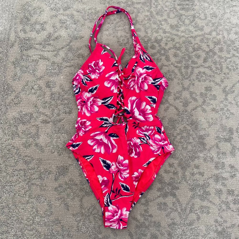 Xhilaration Pink Floral Lace Up One Piece Swimsuit XS Cutout